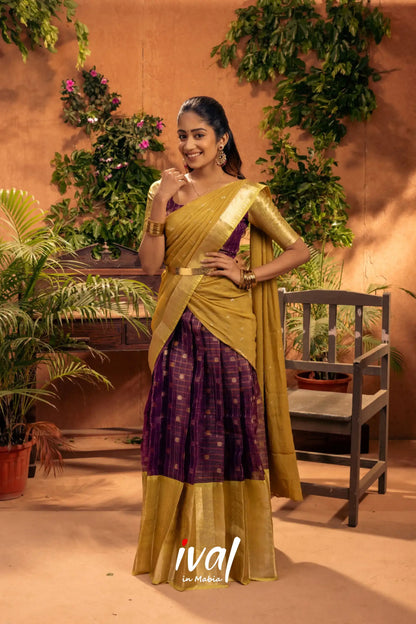 Izhaiyini - Wine And Lime Green Banarasi Tissue Halfsaree Half Sarees