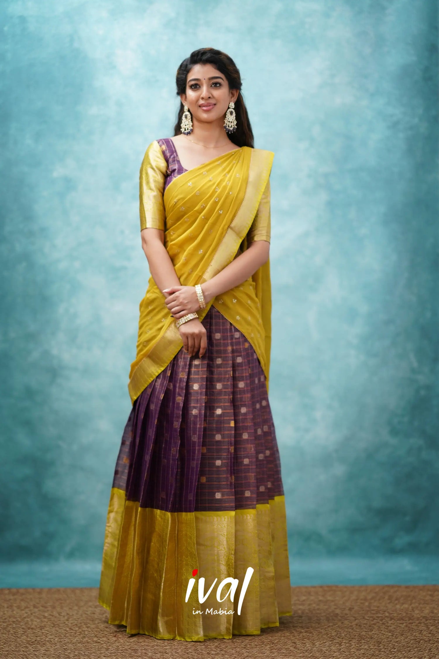 Izhaiyini - Wine And Lime Green Banarasi Tissue Halfsaree Half Sarees