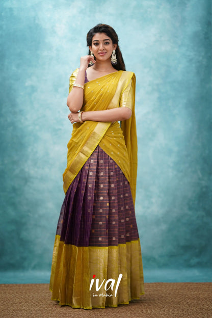 Izhaiyini - Wine And Lime Green Banarasi Tissue Halfsaree Half Sarees