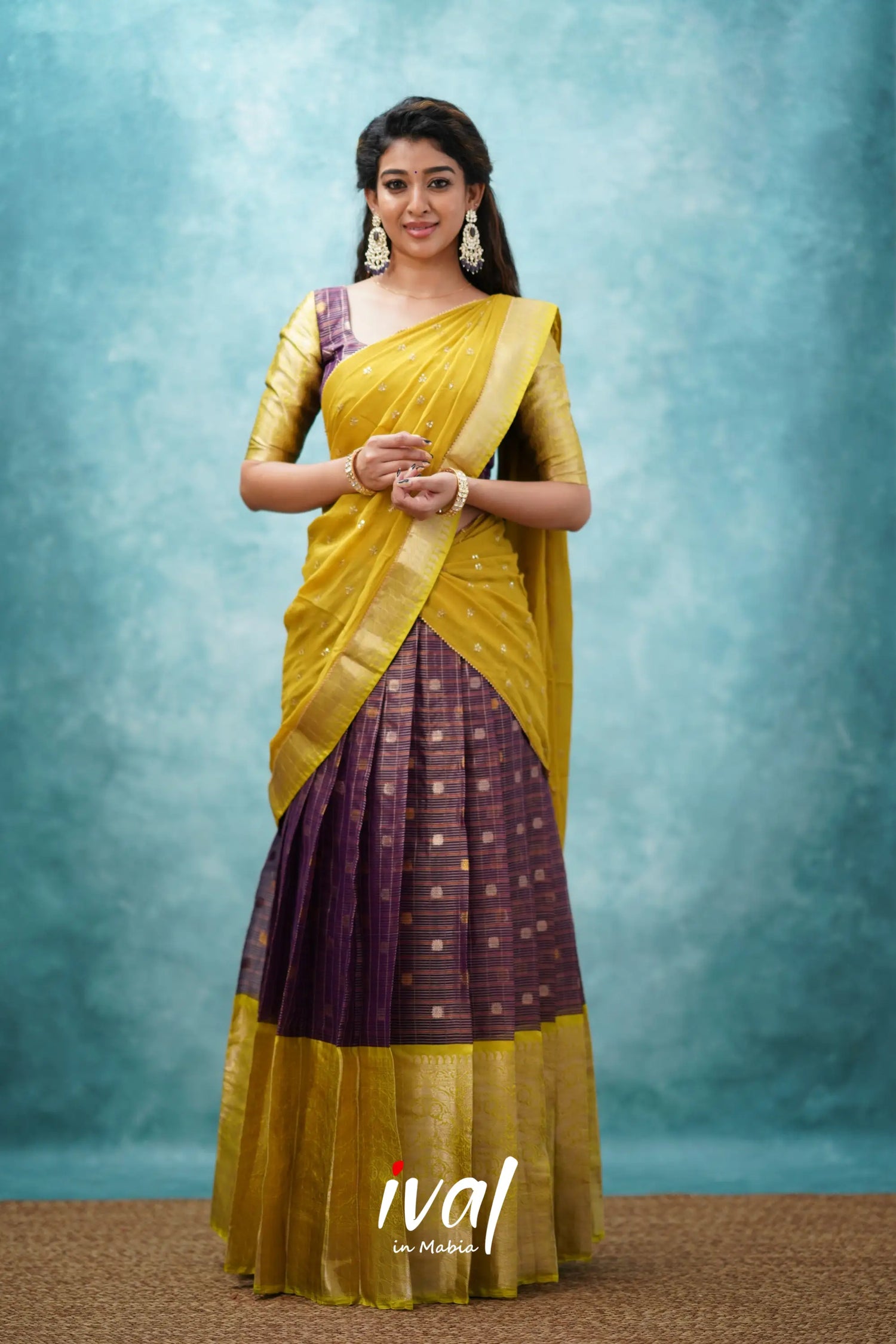 Izhaiyini - Wine And Lime Green Banarasi Tissue Halfsaree Half Sarees