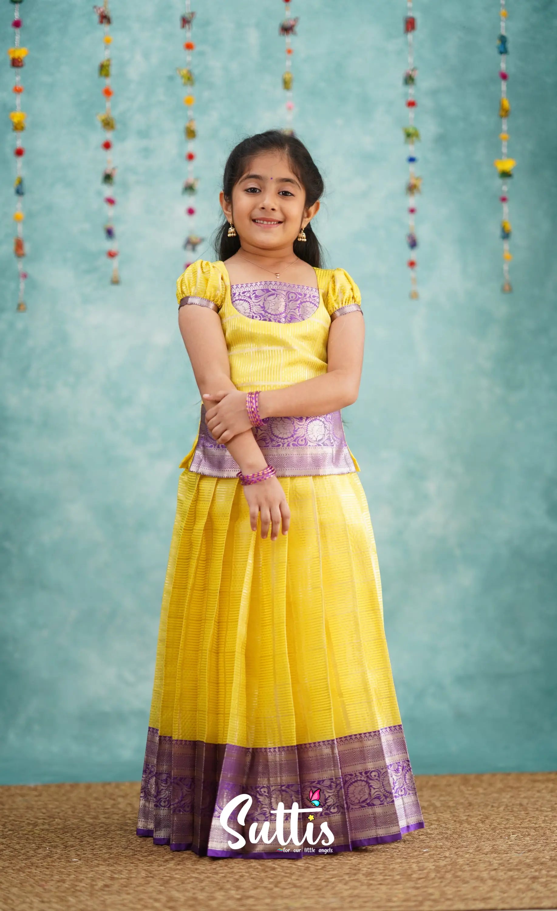 Izhaiyini Yellow Shade And Purple Tone Organza Pavadai Sattai Kids-Suttis