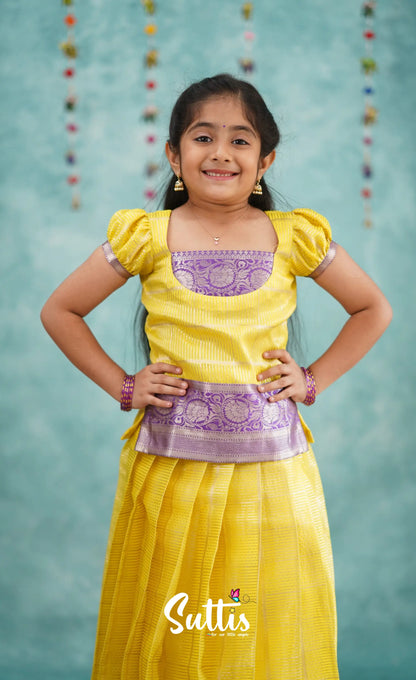 Izhaiyini Yellow Shade And Purple Tone Organza Pavadai Sattai Kids-Suttis