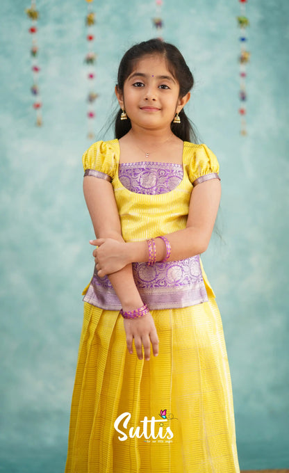 Izhaiyini Yellow Shade And Purple Tone Organza Pavadai Sattai Kids-Suttis