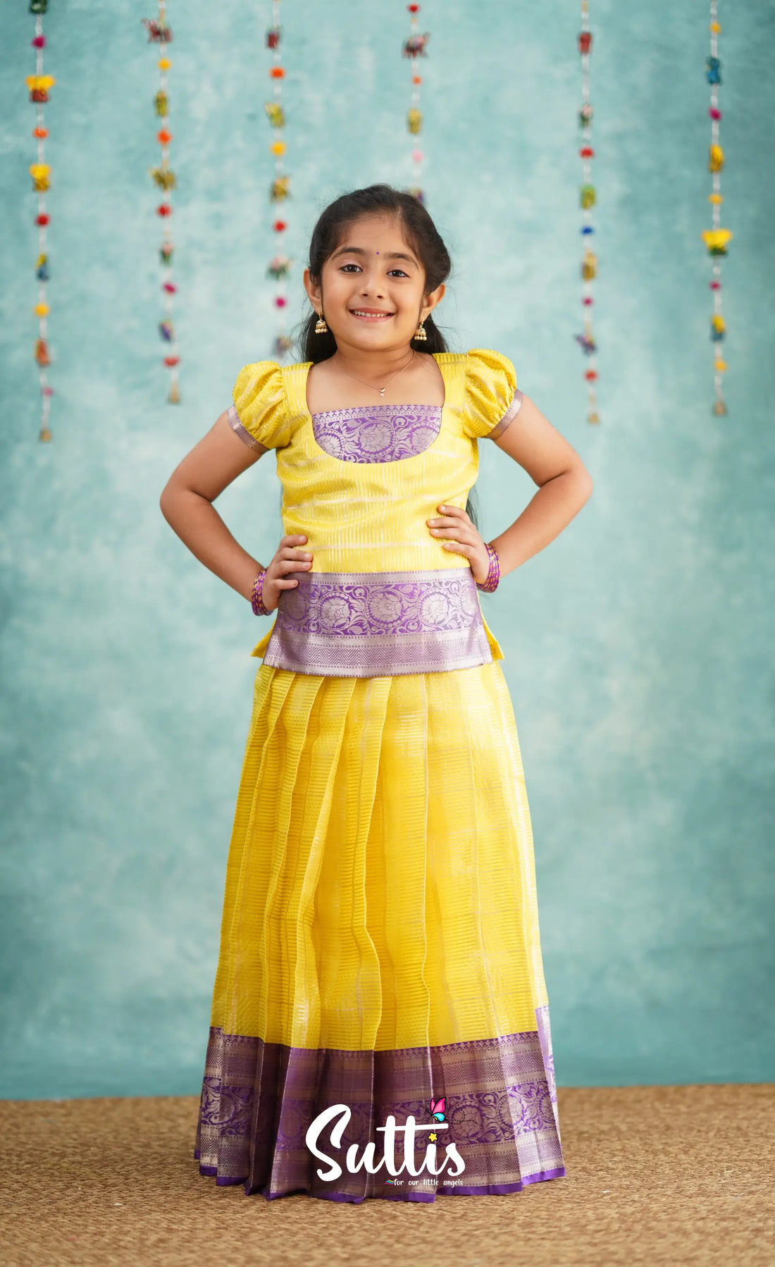 Izhaiyini Yellow Shade And Purple Tone Organza Pavadai Sattai Kids-Suttis