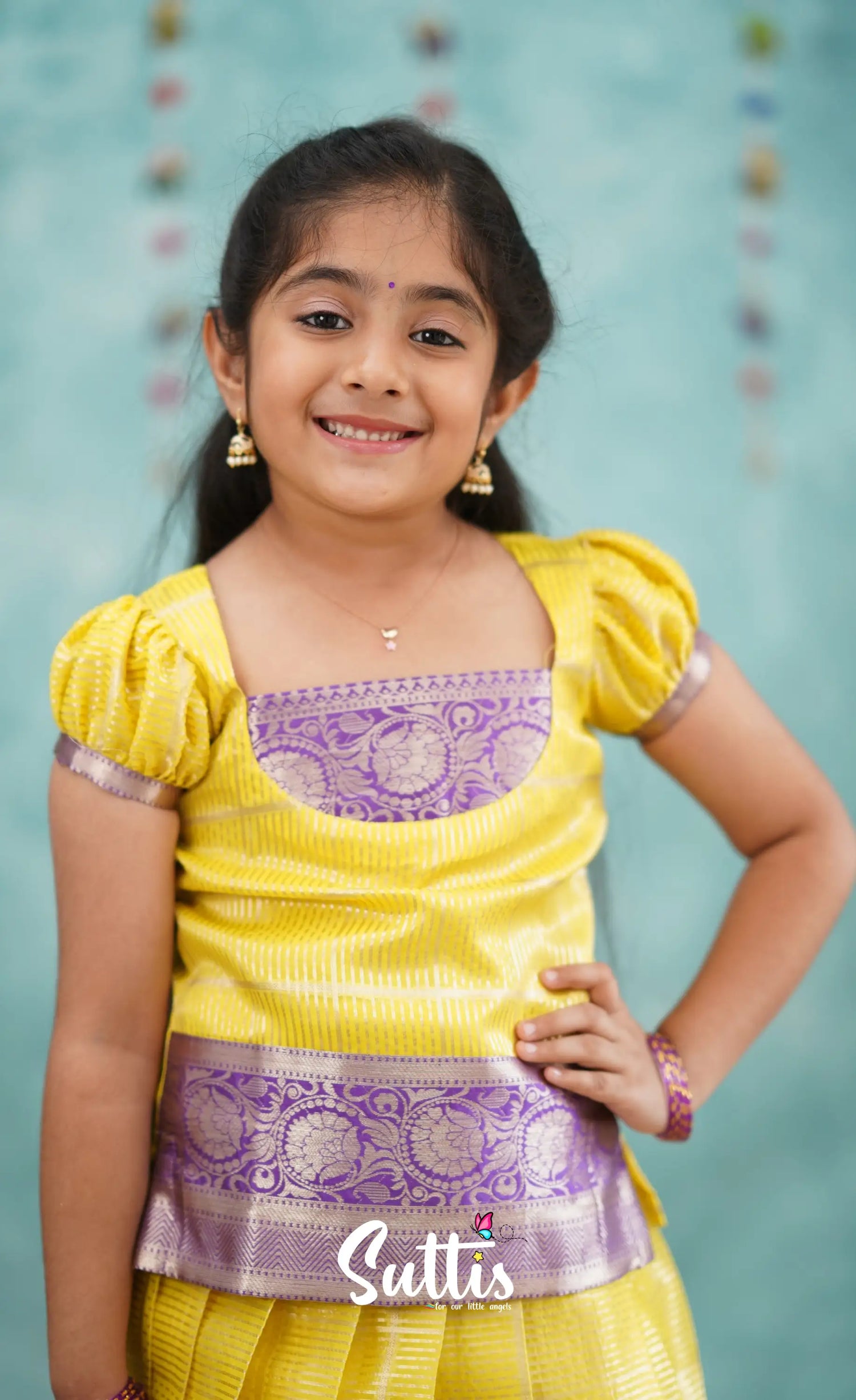 Izhaiyini Yellow Shade And Purple Tone Organza Pavadai Sattai Kids-Suttis