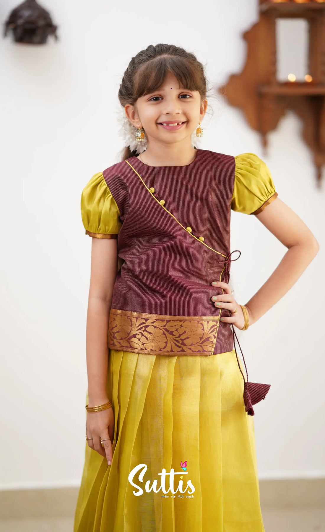 Izhaiyini - Yellowish Green Shade And Brownish Maroon Tone Organza Pavadai Sattai Kids-Suttis