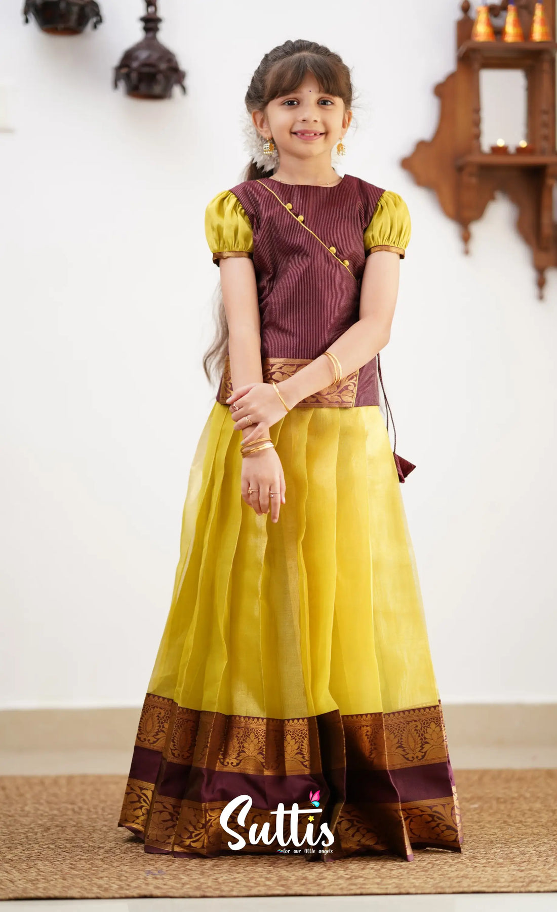 Izhaiyini - Yellowish Green Shade And Brownish Maroon Tone Organza Pavadai Sattai Kids-Suttis