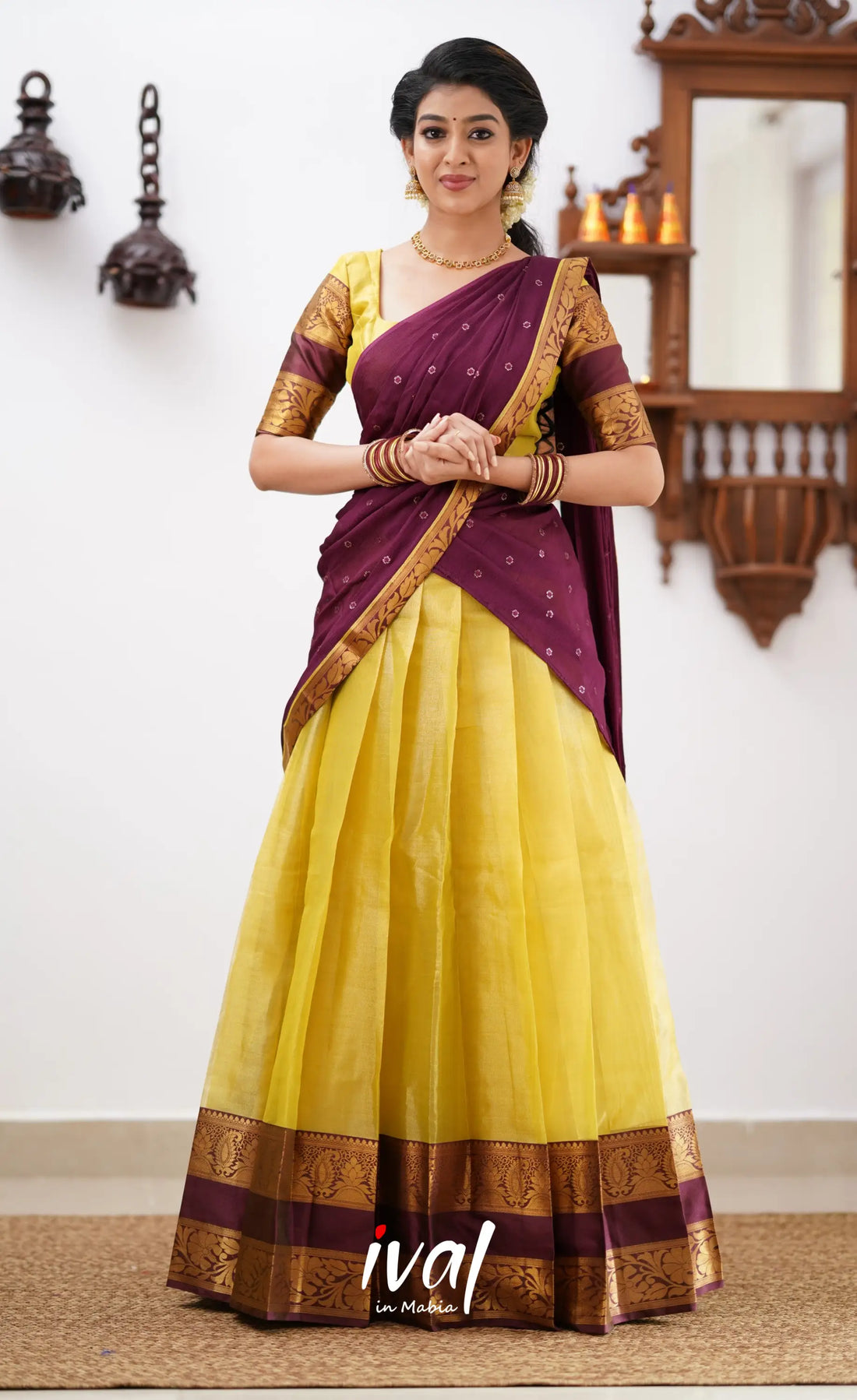 Izhaiyini - Yellowish Green Tone And Shade Of Brownish Maroon Organza Halfsaree Half Sarees