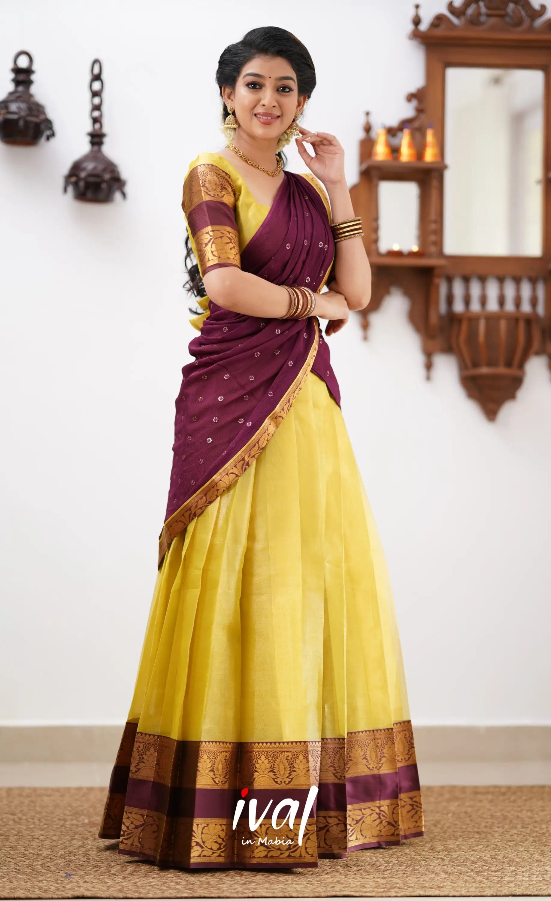 Izhaiyini - Yellowish Green Tone And Shade Of Brownish Maroon Organza Halfsaree Half Sarees