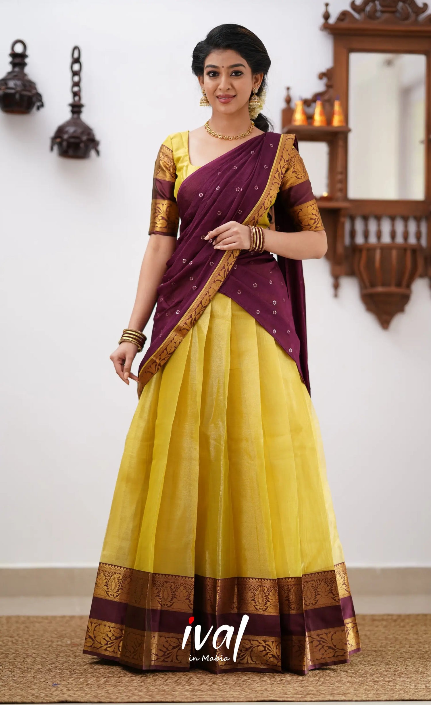 Izhaiyini - Yellowish Green Tone And Shade Of Brownish Maroon Organza Halfsaree Half Sarees