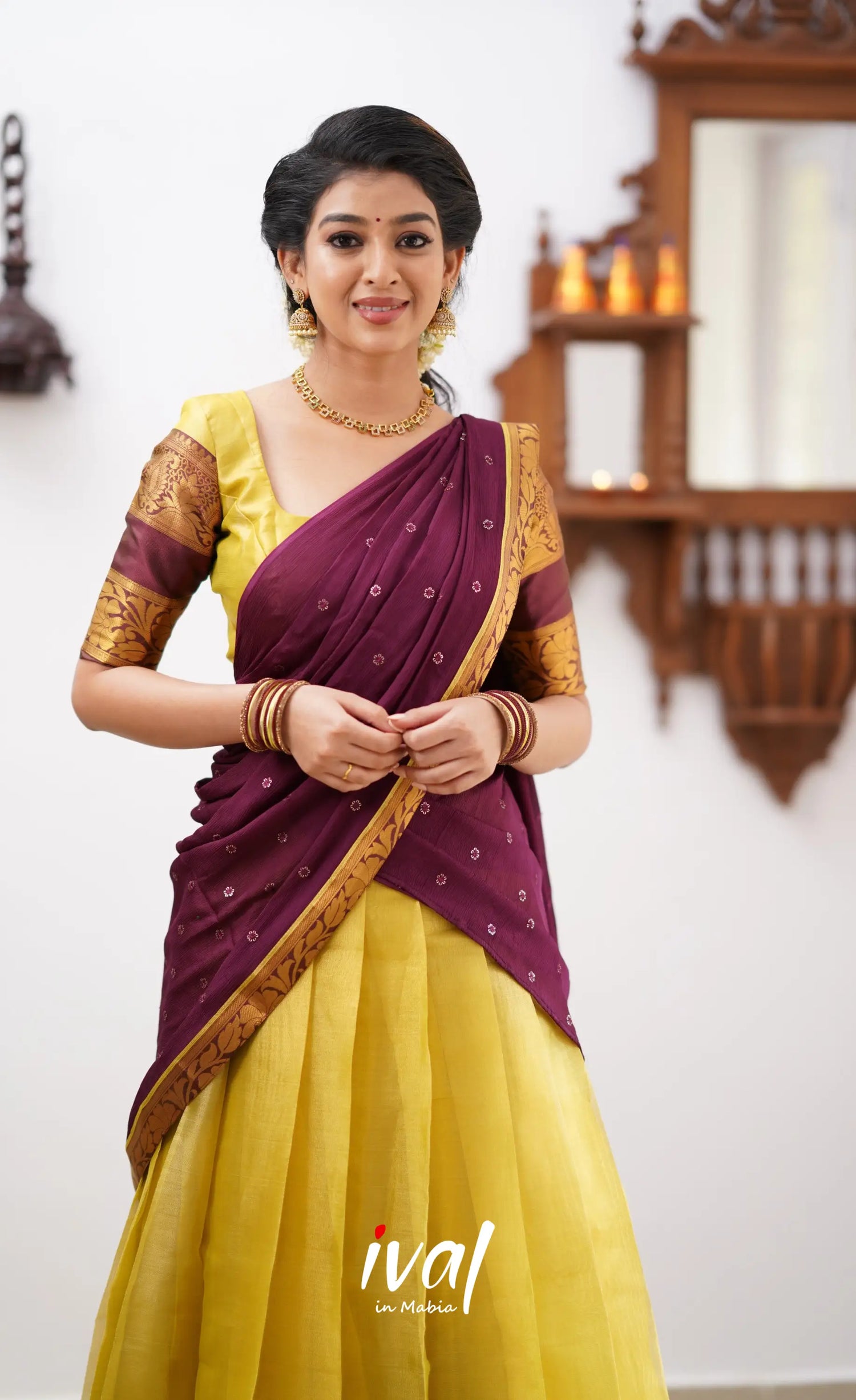 Izhaiyini - Yellowish Green Tone And Shade Of Brownish Maroon Organza Halfsaree Half Sarees