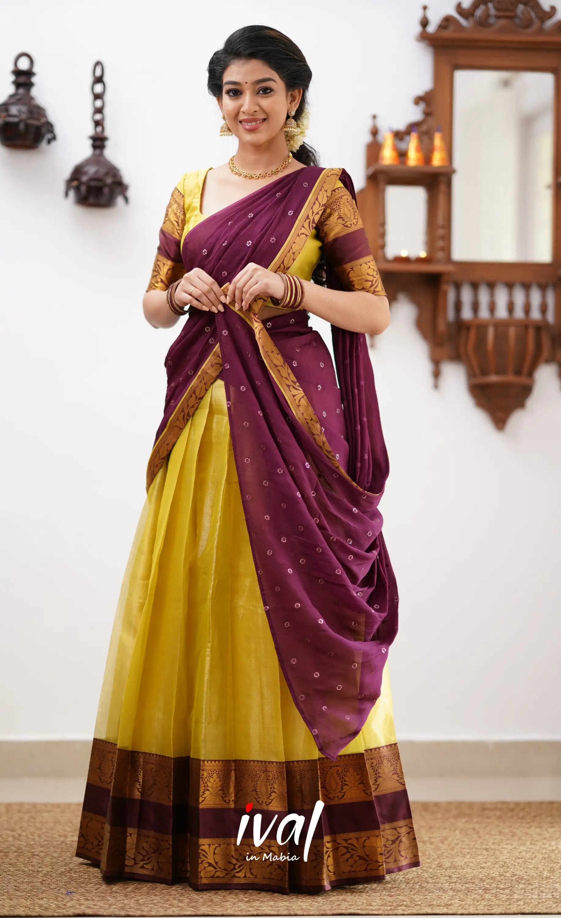 Izhaiyini - Yellowish Green Tone And Shade Of Brownish Maroon Organza Halfsaree Half Sarees