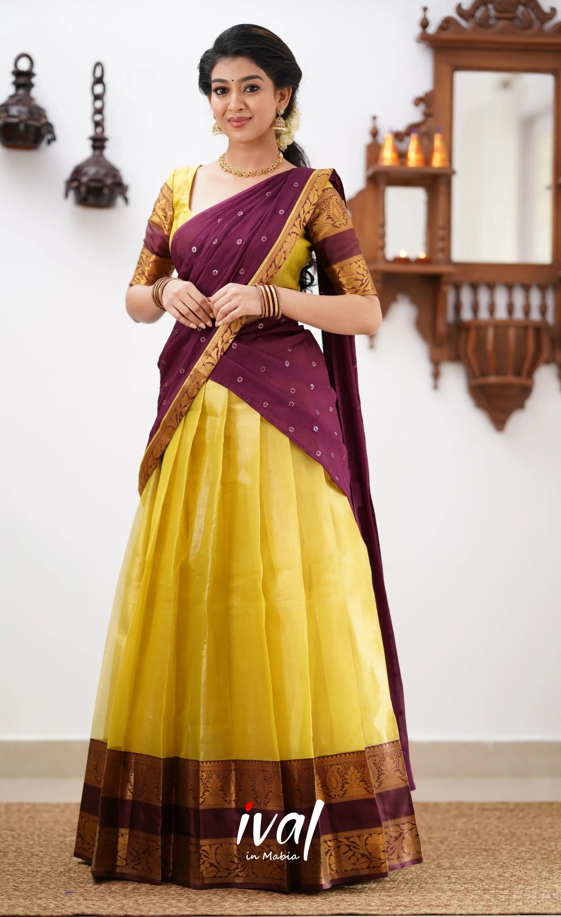 Izhaiyini - Yellowish Green Tone And Shade Of Brownish Maroon Organza Halfsaree Half Sarees