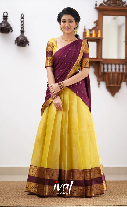 Izhaiyini - Yellowish Green Tone And Shade Of Brownish Maroon Organza Halfsaree Half Sarees