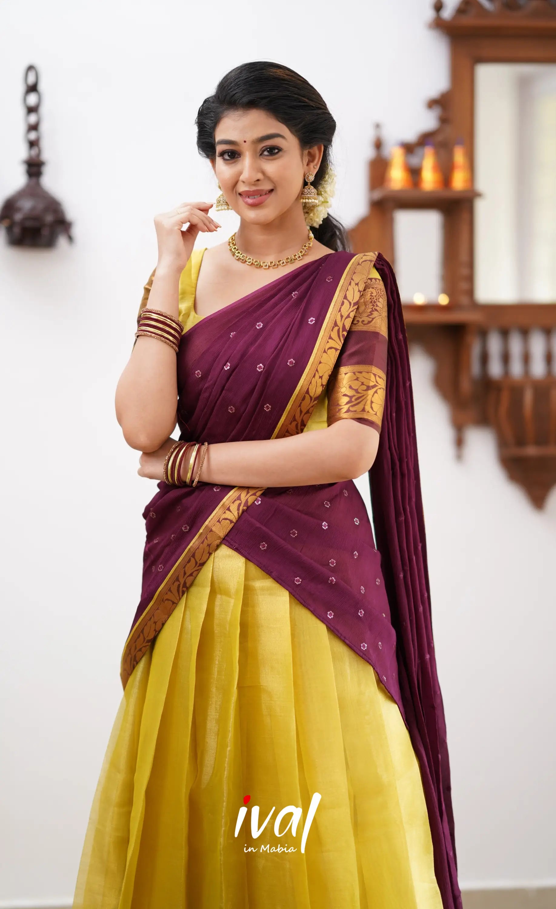 Izhaiyini - Yellowish Green Tone And Shade Of Brownish Maroon Organza Halfsaree Half Sarees