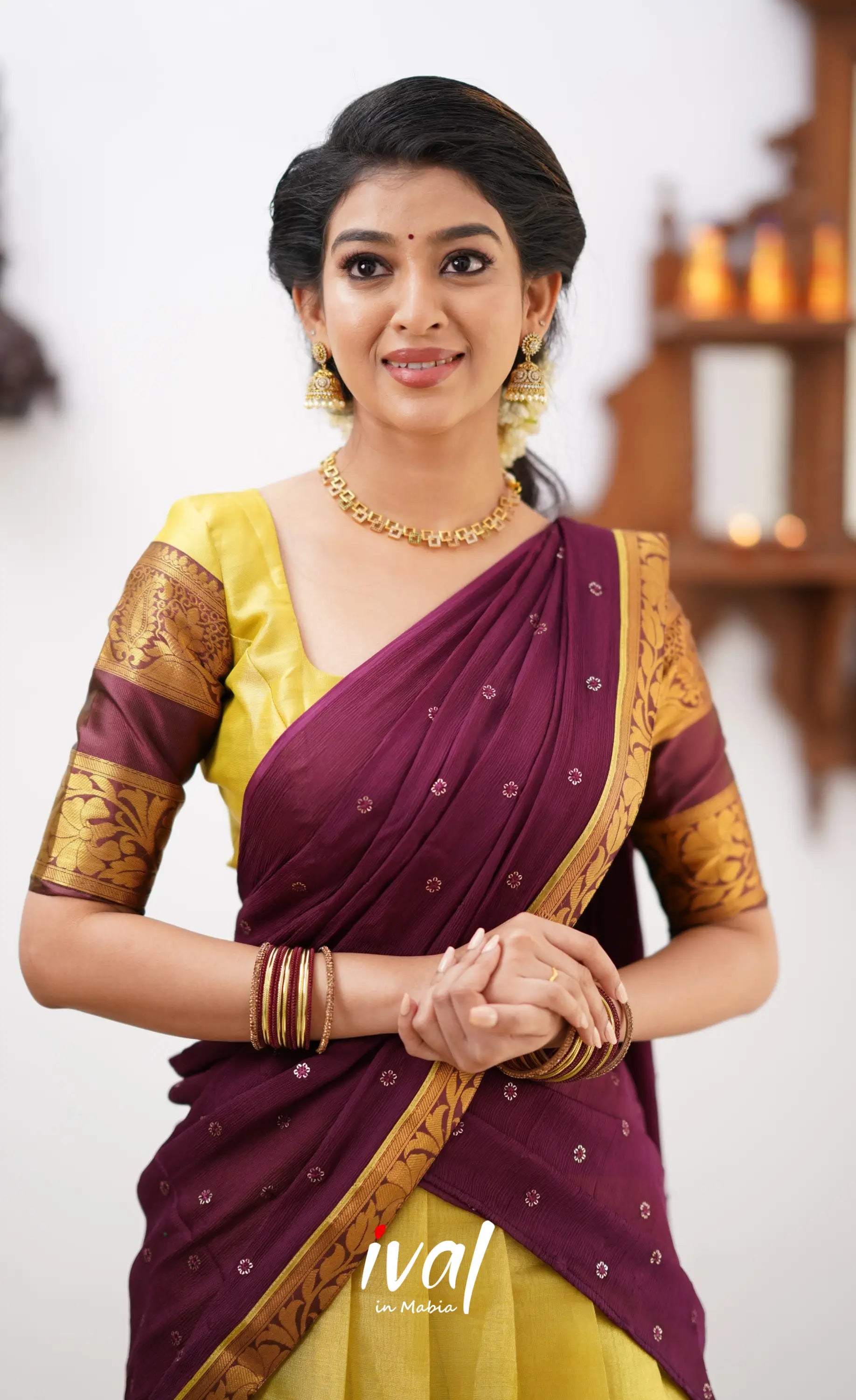 Izhaiyini - Yellowish Green Tone And Shade Of Brownish Maroon Organza Halfsaree Half Sarees