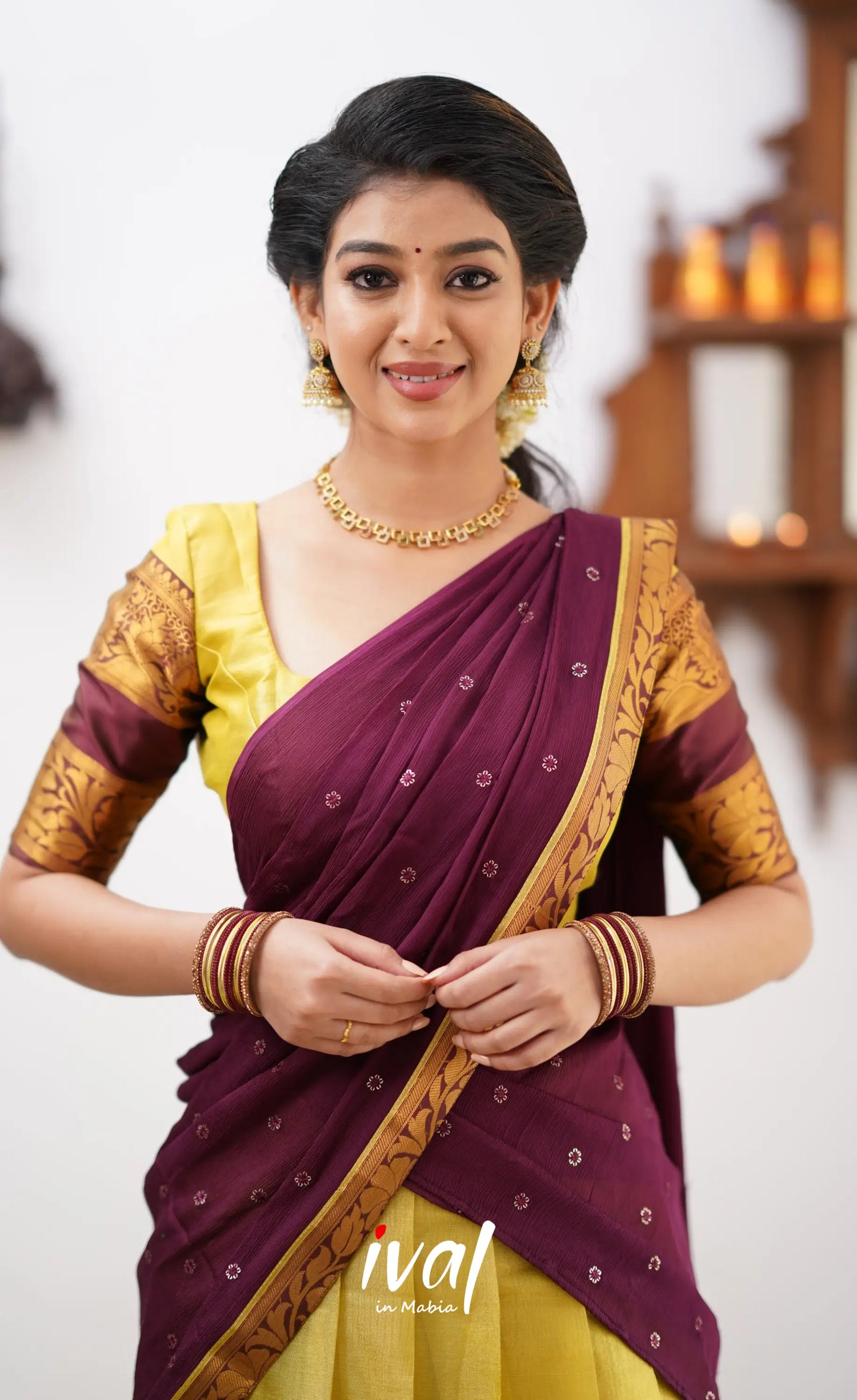 Izhaiyini - Yellowish Green Tone And Shade Of Brownish Maroon Organza Halfsaree Half Sarees