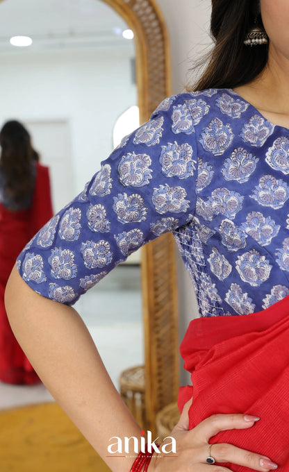 Jaipur Hand Block Printed Stretchable Blouse - dark blue shade
