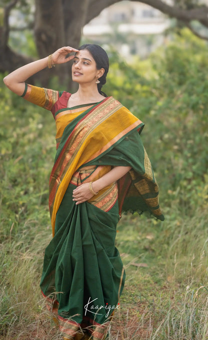 Kamakshi Bottle Green Tone And Mustard Shade Sarees