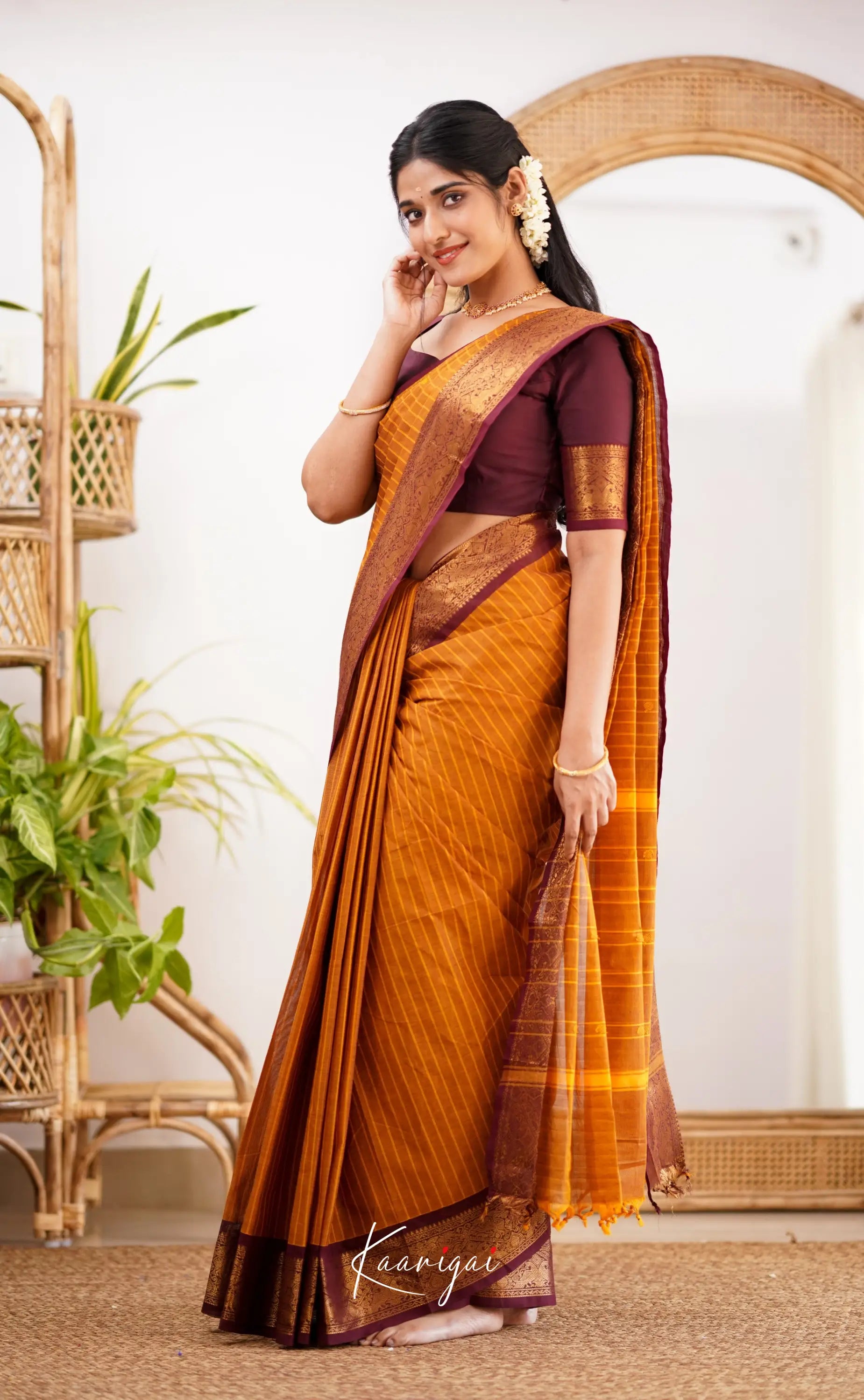 Kamakshi Dark Mustard Shade And Maroon Tone Sarees