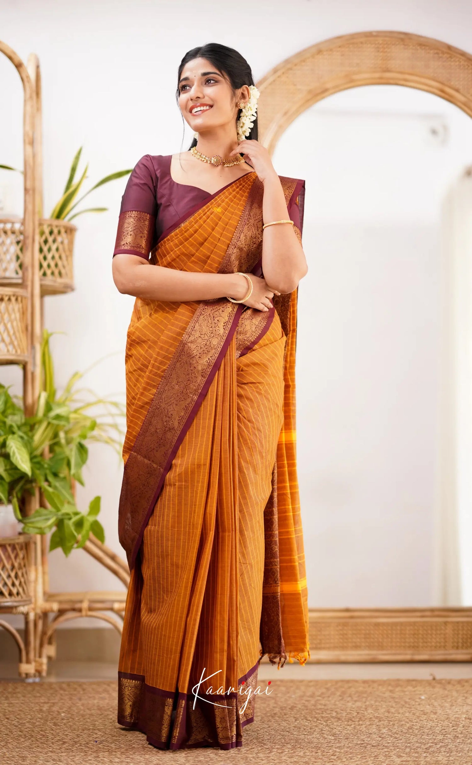 Kamakshi Dark Mustard Shade And Maroon Tone Sarees