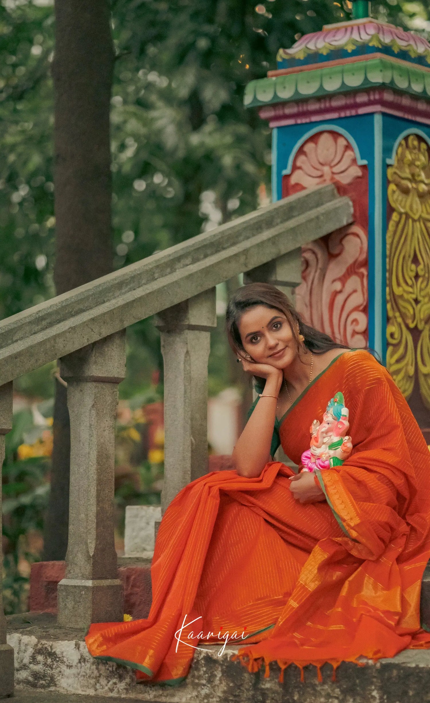 Kamakshi - Shade Of Orange And Green Tone Kanchi Cotton Saree Sarees
