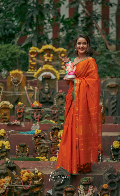 Kamakshi - Shade Of Orange And Green Tone Kanchi Cotton Saree Sarees