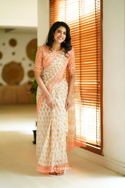 Kamali Kota Saree - White And Peach Sarees