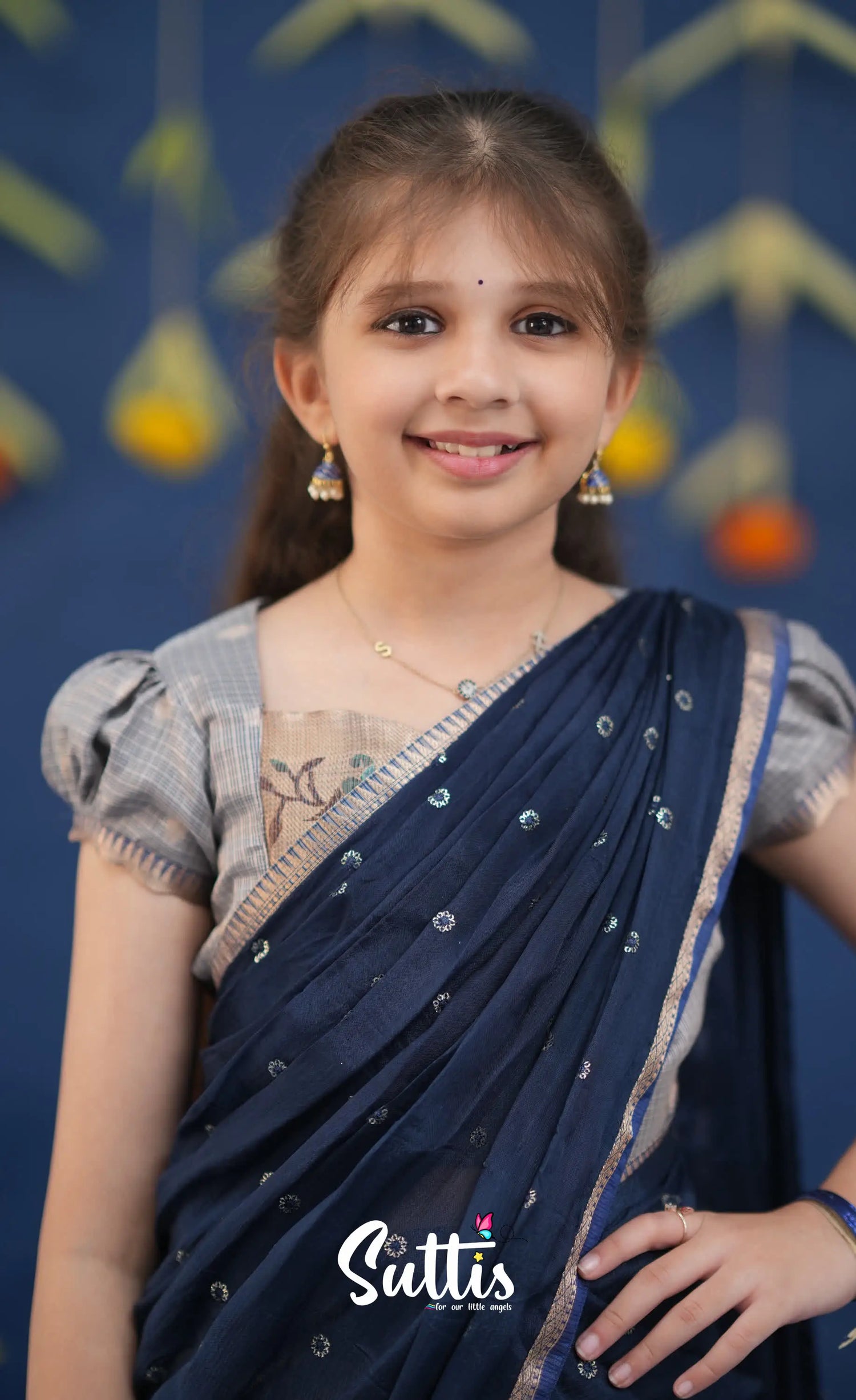 Kumaari Ash and Navy Blue Paithani Kota Halfsaree Kids-Suttis