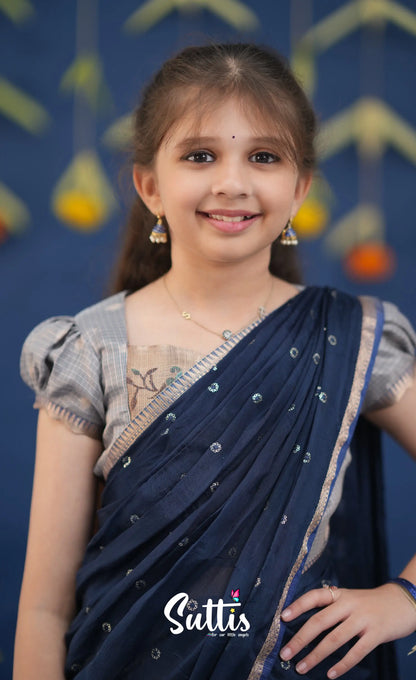 Kumaari Ash and Navy Blue Paithani Kota Halfsaree Kids-Suttis