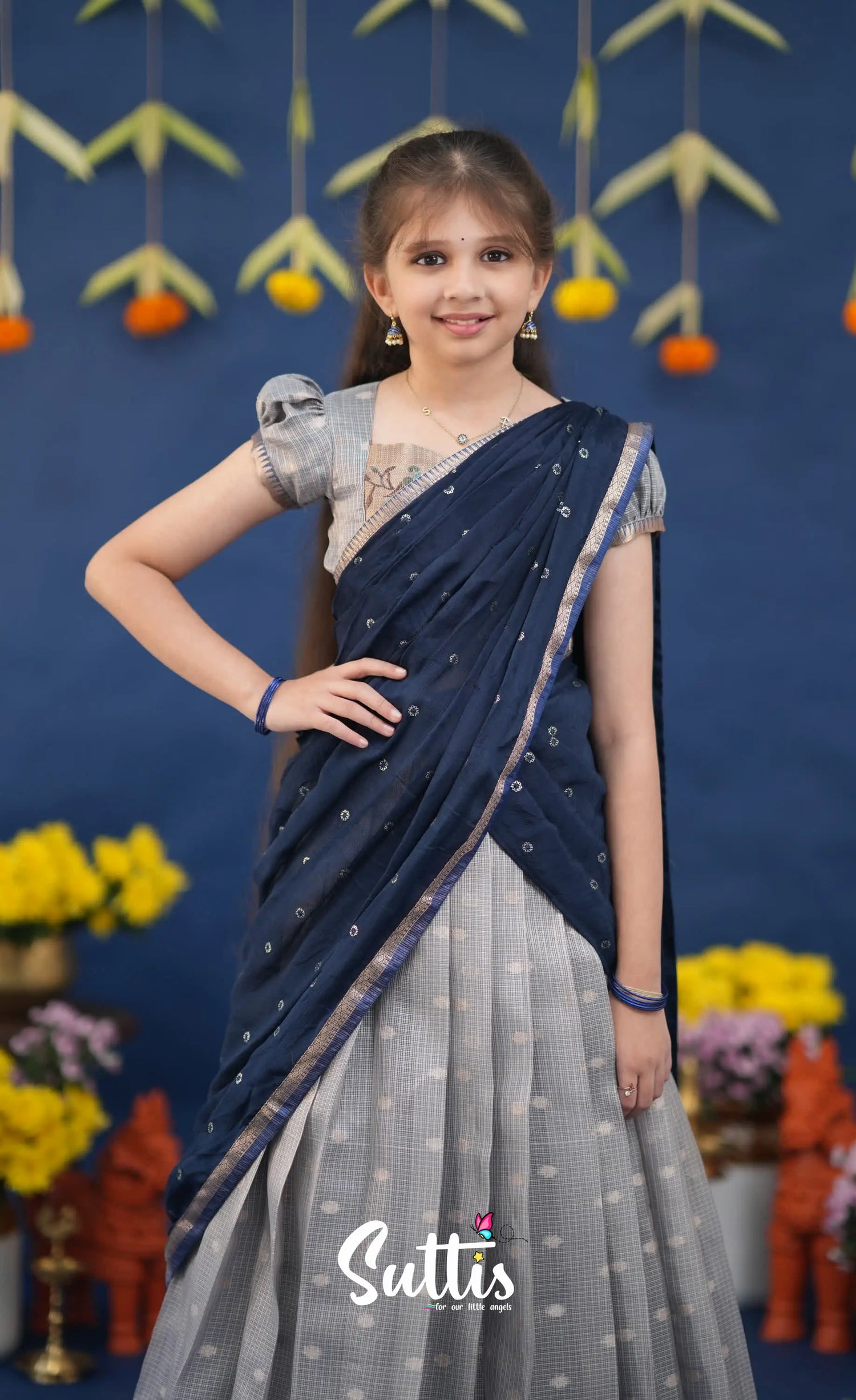 Kumaari Ash and Navy Blue Paithani Kota Halfsaree Kids-Suttis