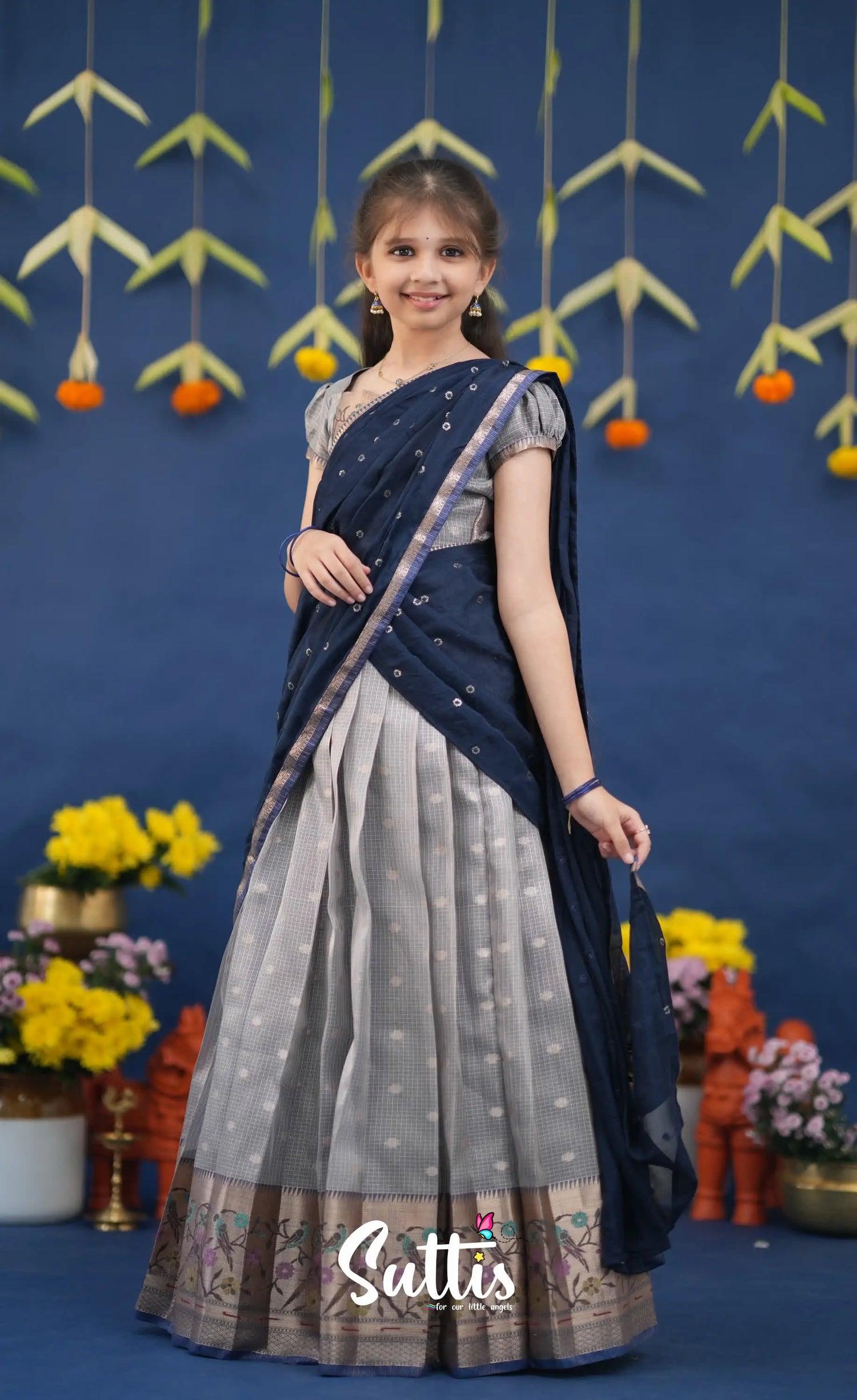 Kumaari Ash and Navy Blue Paithani Kota Halfsaree Kids-Suttis