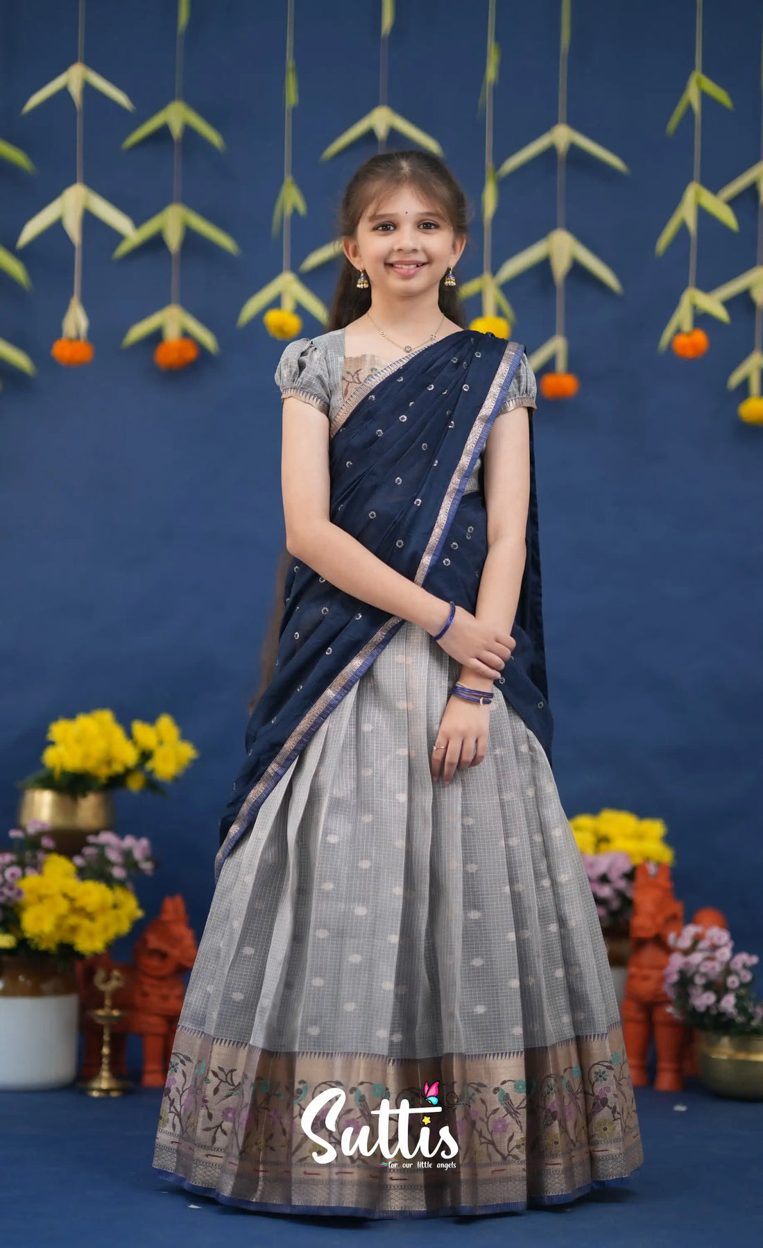 Kumaari Ash and Navy Blue Paithani Kota Halfsaree Kids-Suttis