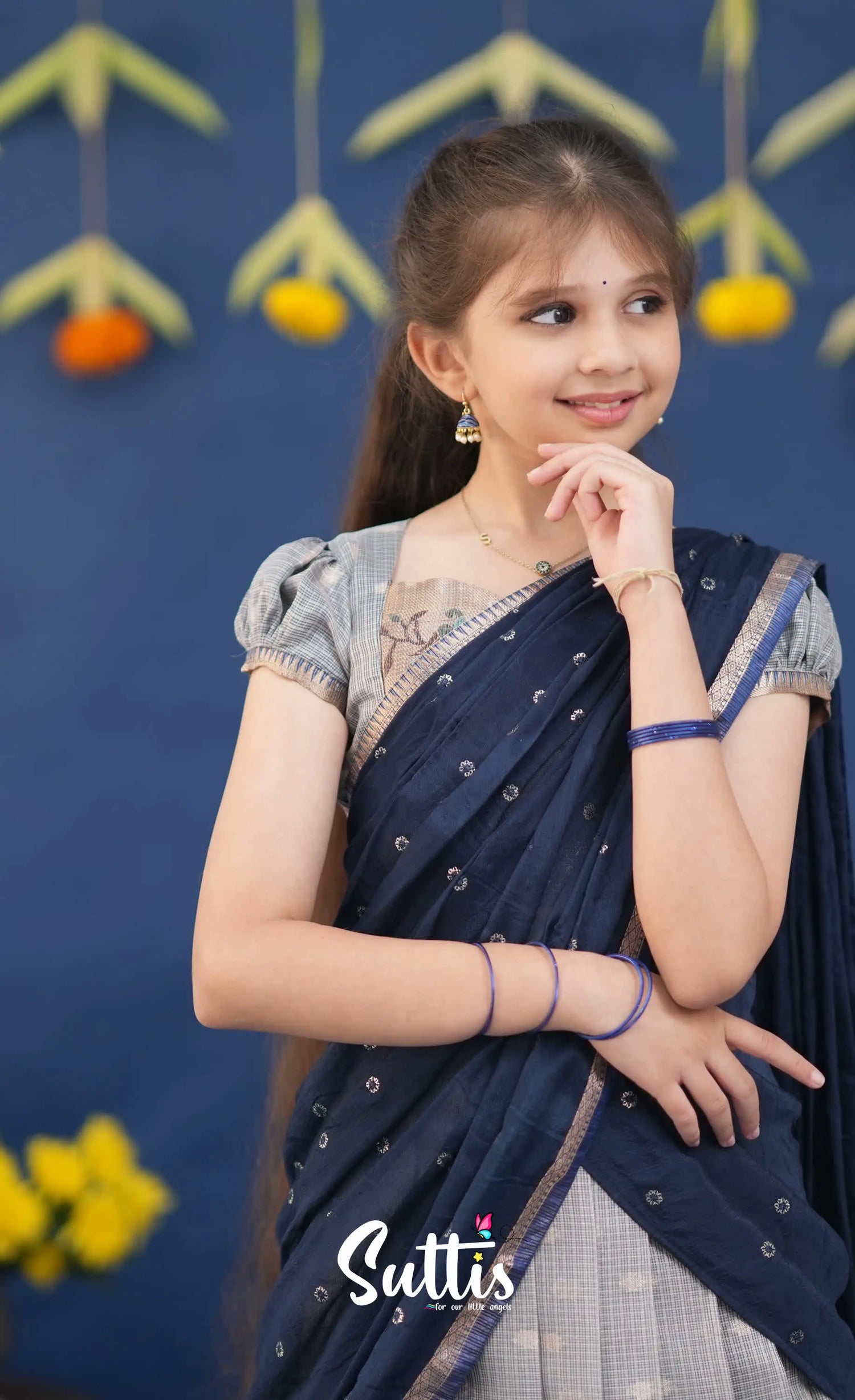 Kumaari Ash and Navy Blue Paithani Kota Halfsaree Kids-Suttis