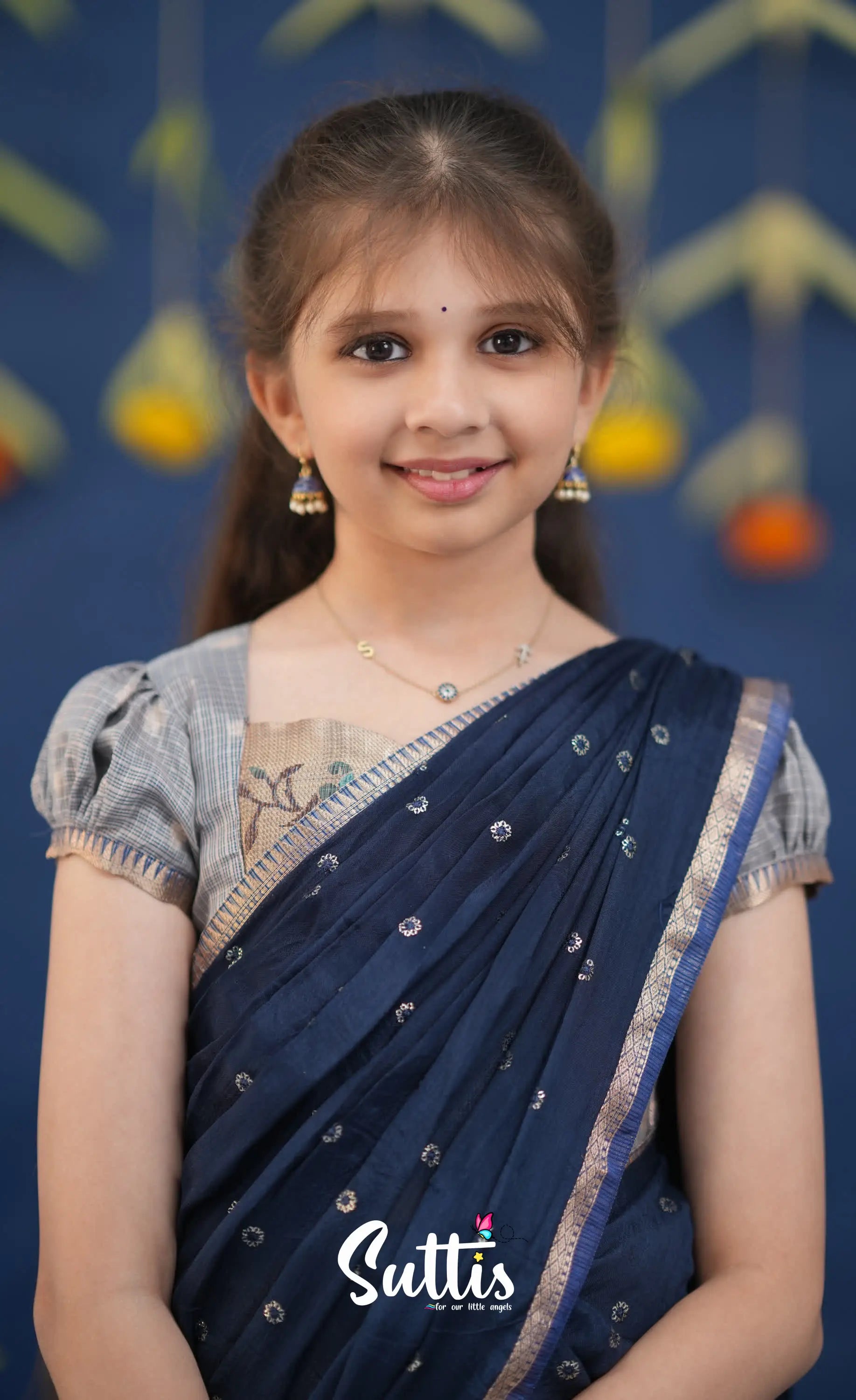 Kumaari Ash and Navy Blue Paithani Kota Halfsaree Kids-Suttis