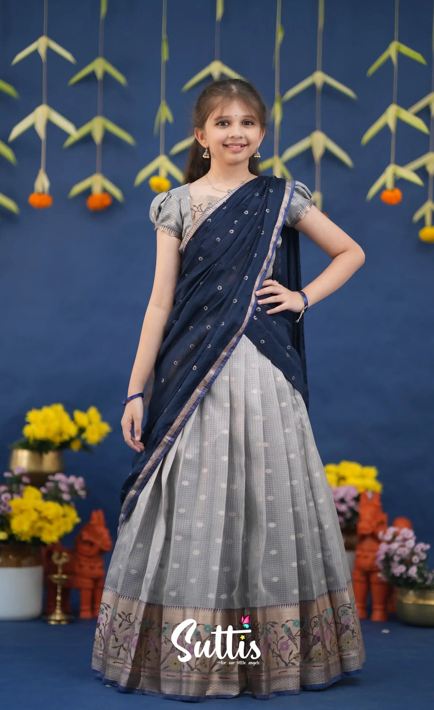Kumaari Ash and Navy Blue Paithani Kota Halfsaree Kids-Suttis