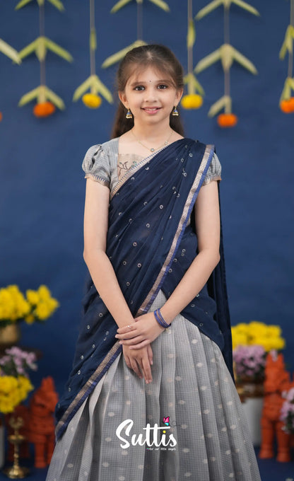 Kumaari Ash and Navy Blue Paithani Kota Halfsaree Kids-Suttis