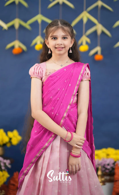 Kumaari Baby Pink and Rani Pink Paithani Kota Halfsaree Kids-Suttis