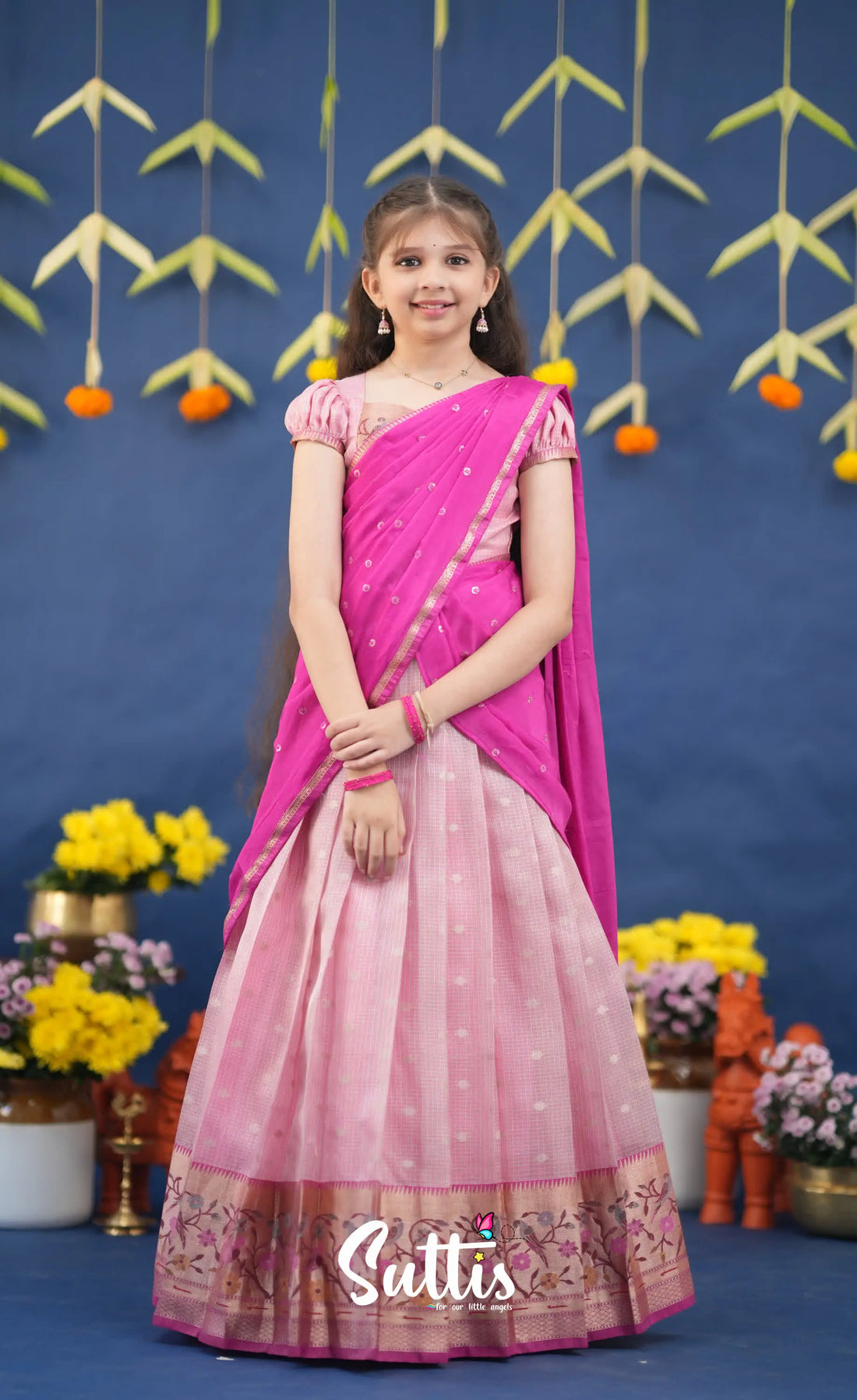Kumaari Baby Pink and Rani Pink Paithani Kota Halfsaree Kids-Suttis