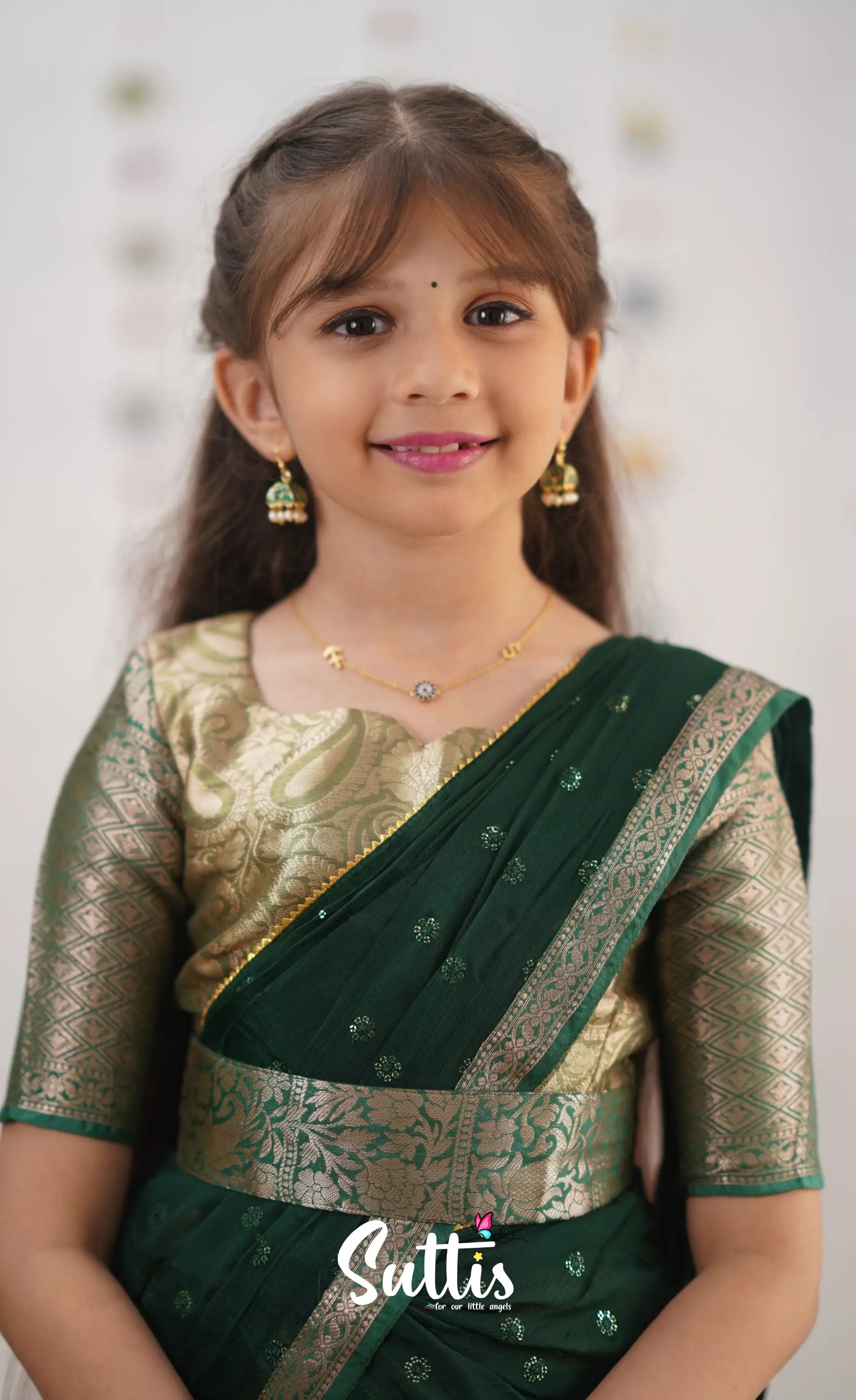 Kumaari- Bottle Green Organza Halfsaree Kids-Suttis