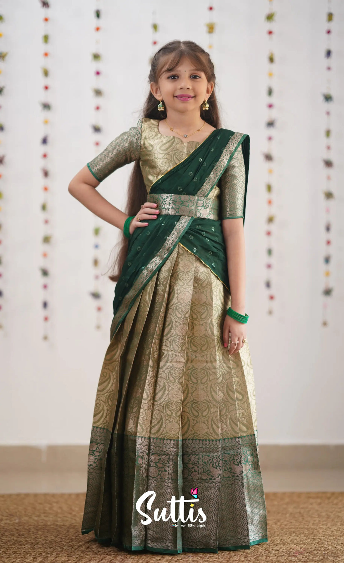 Kumaari- Bottle Green Organza Halfsaree Kids-Suttis