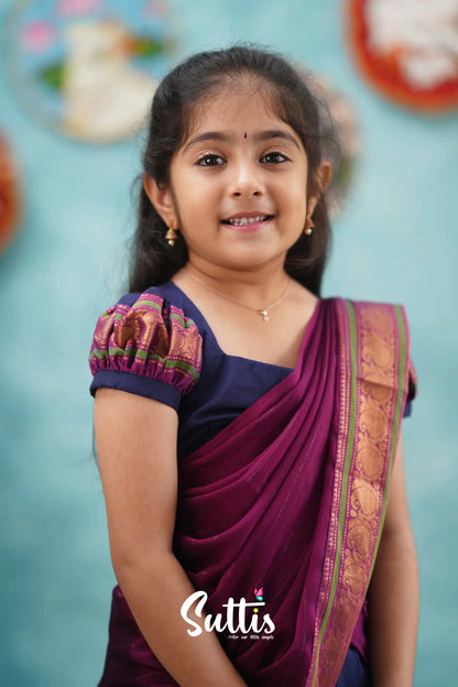 Kumaari - Dark Blue And Magenta Cotton Halfsaree Kids-Suttis