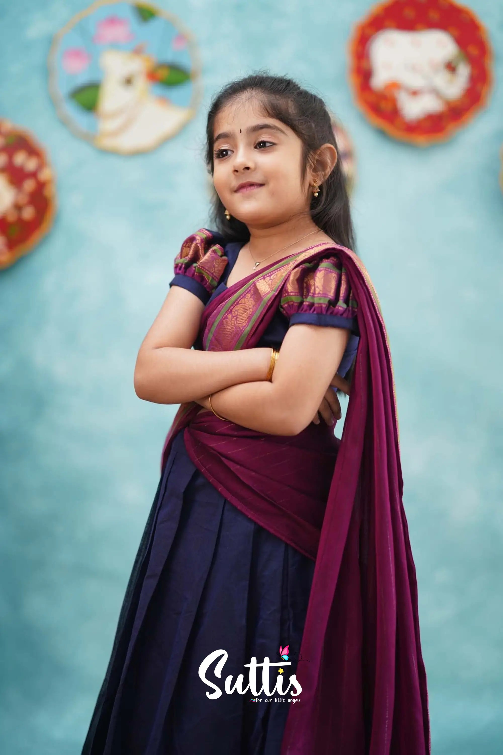 Kumaari - Dark Blue And Magenta Cotton Halfsaree Kids-Suttis