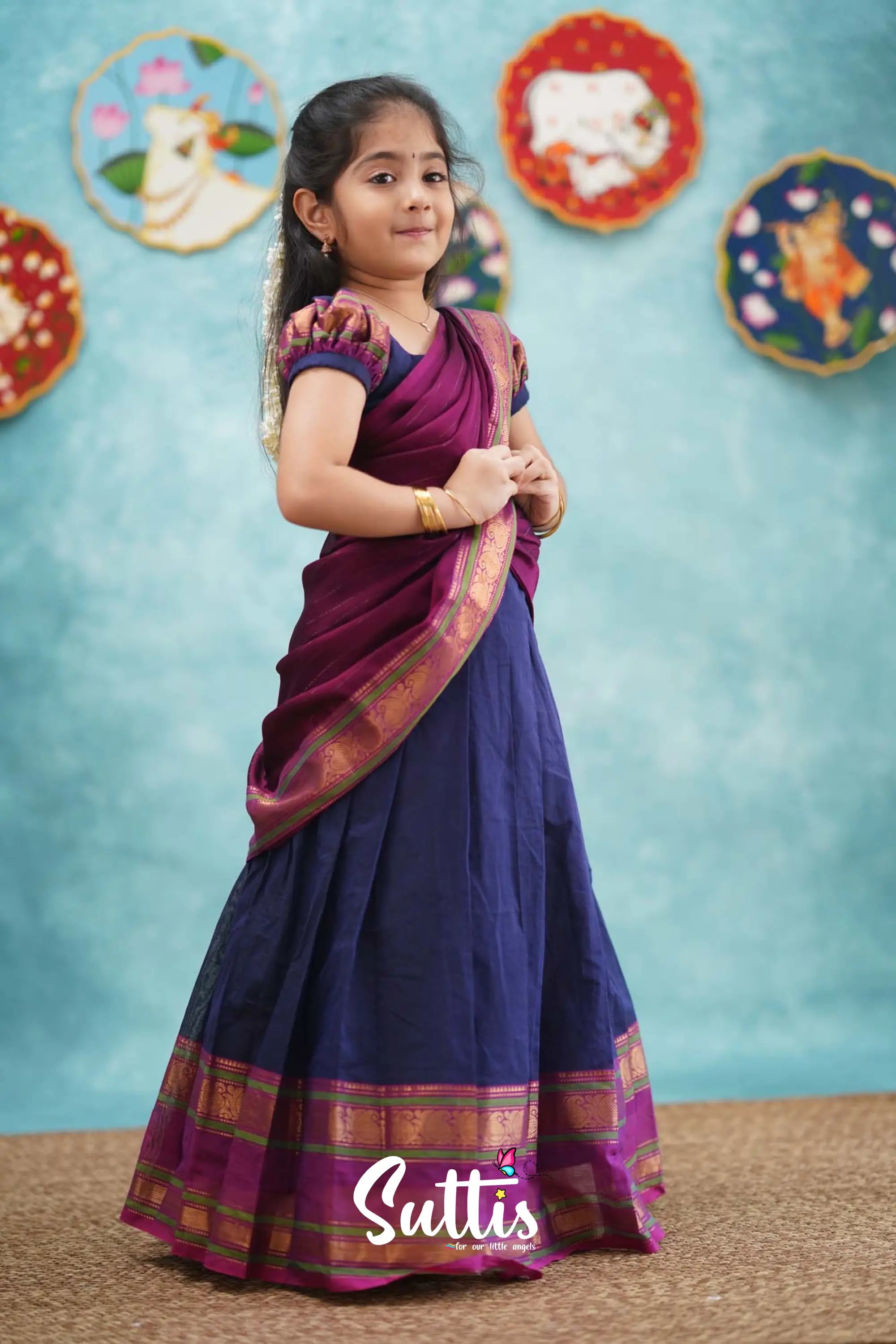 Kumaari - Dark Blue And Magenta Cotton Halfsaree Kids-Suttis