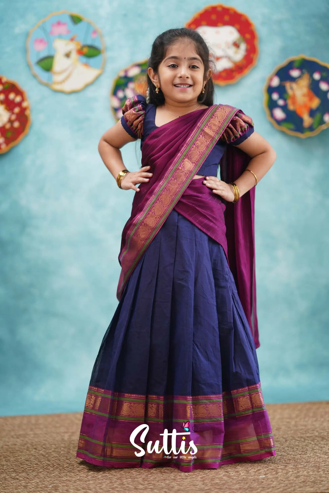 Kumaari - Dark Blue And Magenta Cotton Halfsaree Kids-Suttis