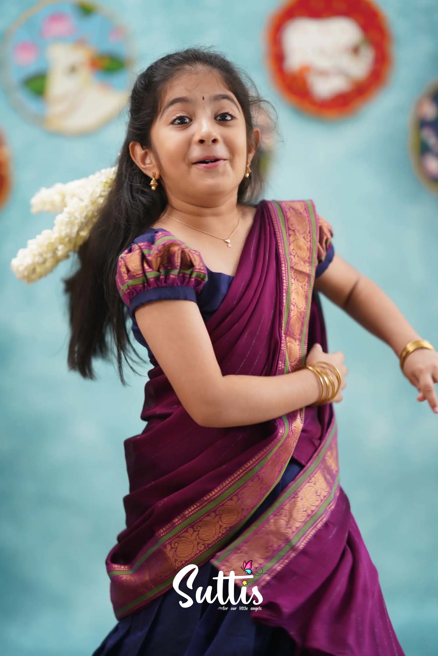 Kumaari - Dark Blue And Magenta Cotton Halfsaree Kids-Suttis