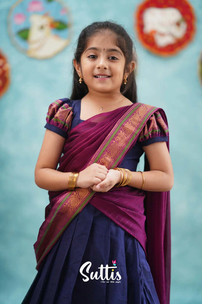 Kumaari - Dark Blue And Magenta Cotton Halfsaree Kids-Suttis