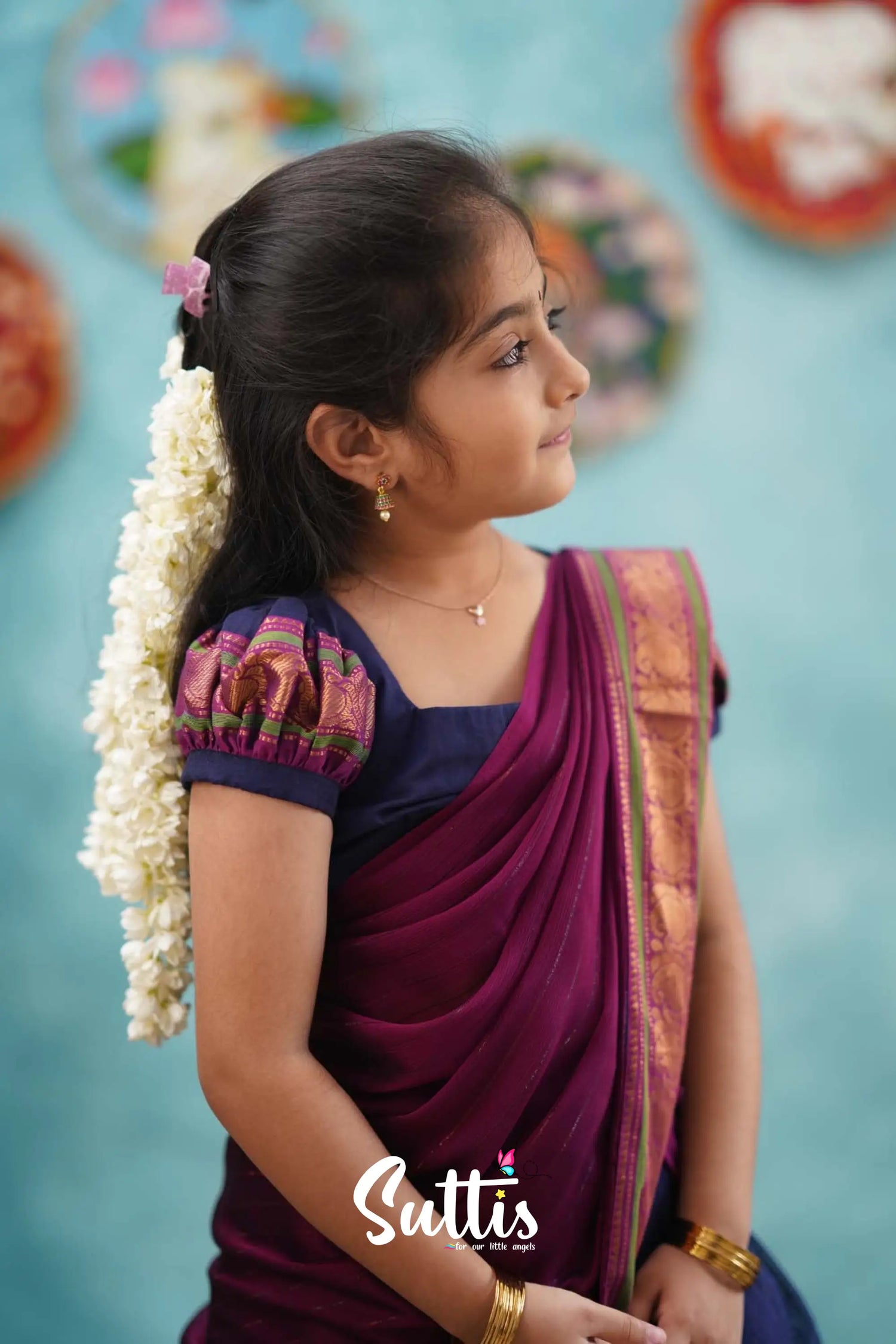 Kumaari - Dark Blue And Magenta Cotton Halfsaree Kids-Suttis