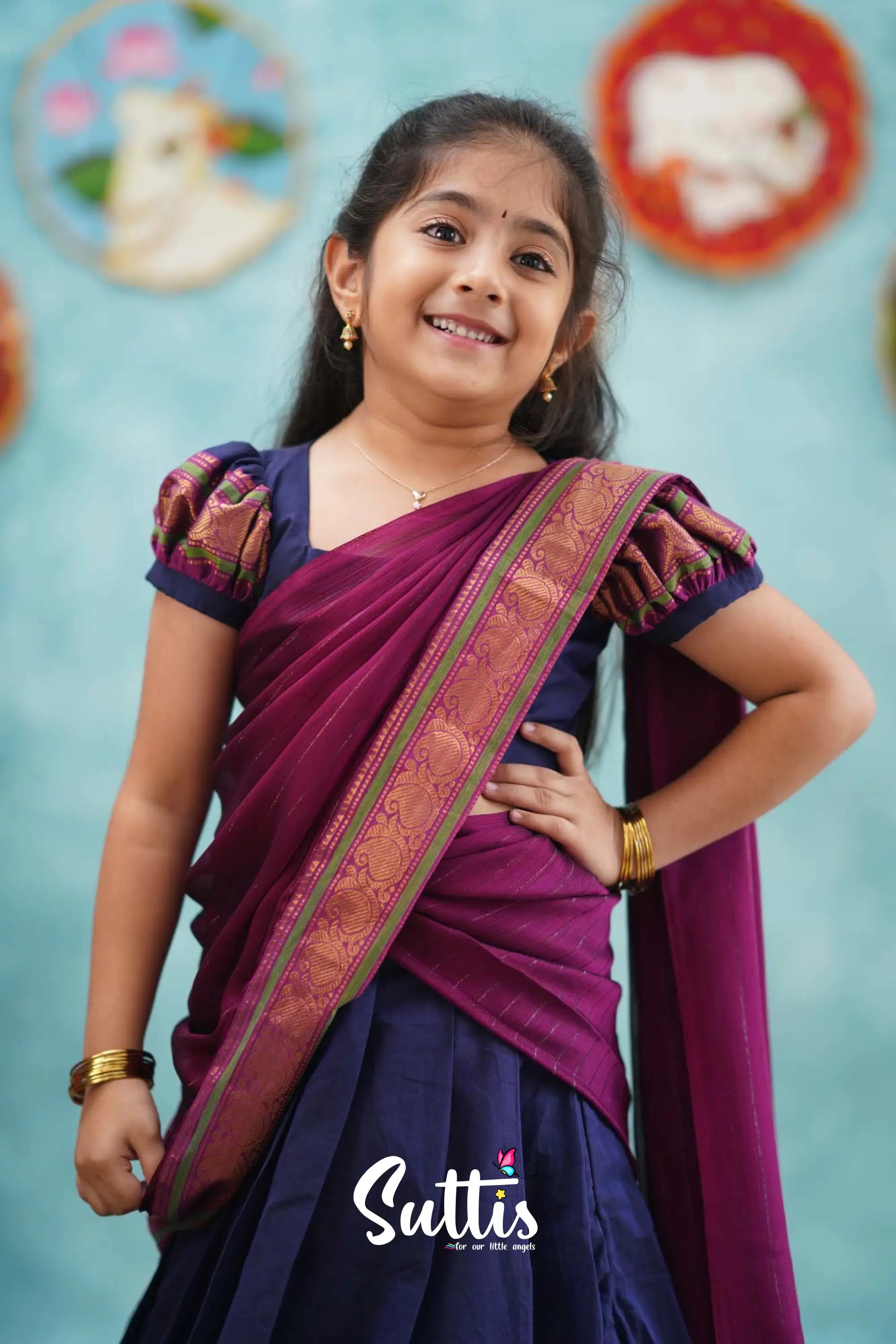 Kumaari - Dark Blue And Magenta Cotton Halfsaree Kids-Suttis