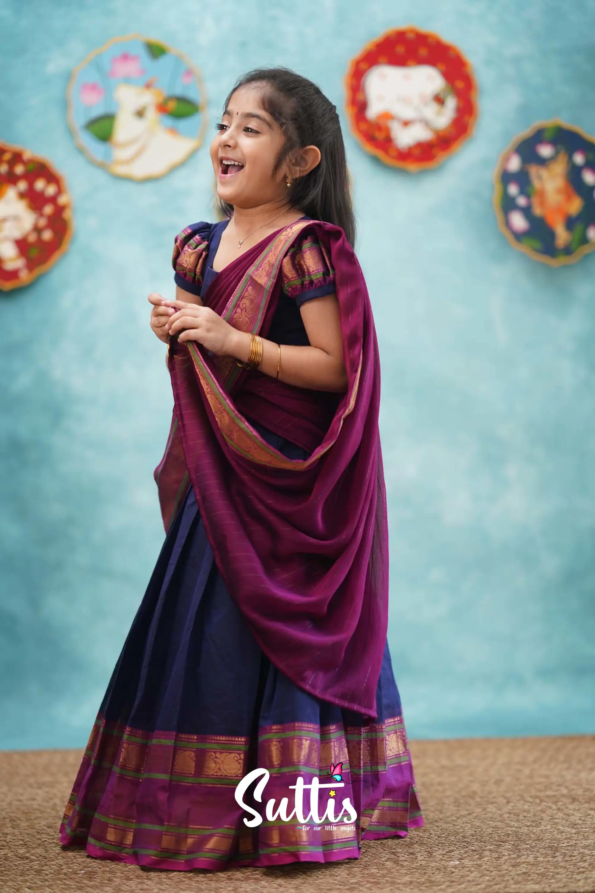 Kumaari - Dark Blue And Magenta Cotton Halfsaree Kids-Suttis